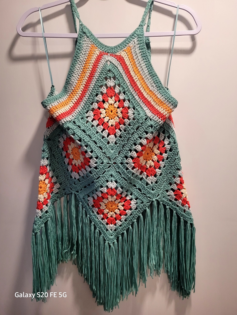 Crochet Fringe Tank Top in Mint Green with Multicolor Accents